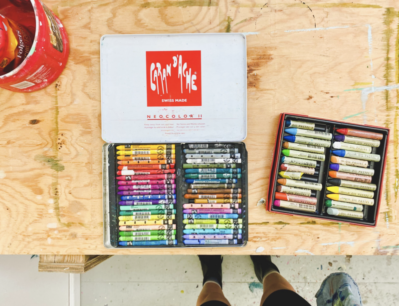 a view of artist Mel Reese's studio materials